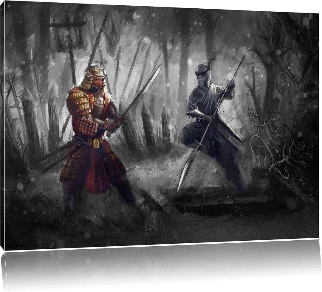 Pixxprint Kampf zwischen Samurai und Ninja B&W Detail, Format: 100x70 auf Leinwand, 100x70