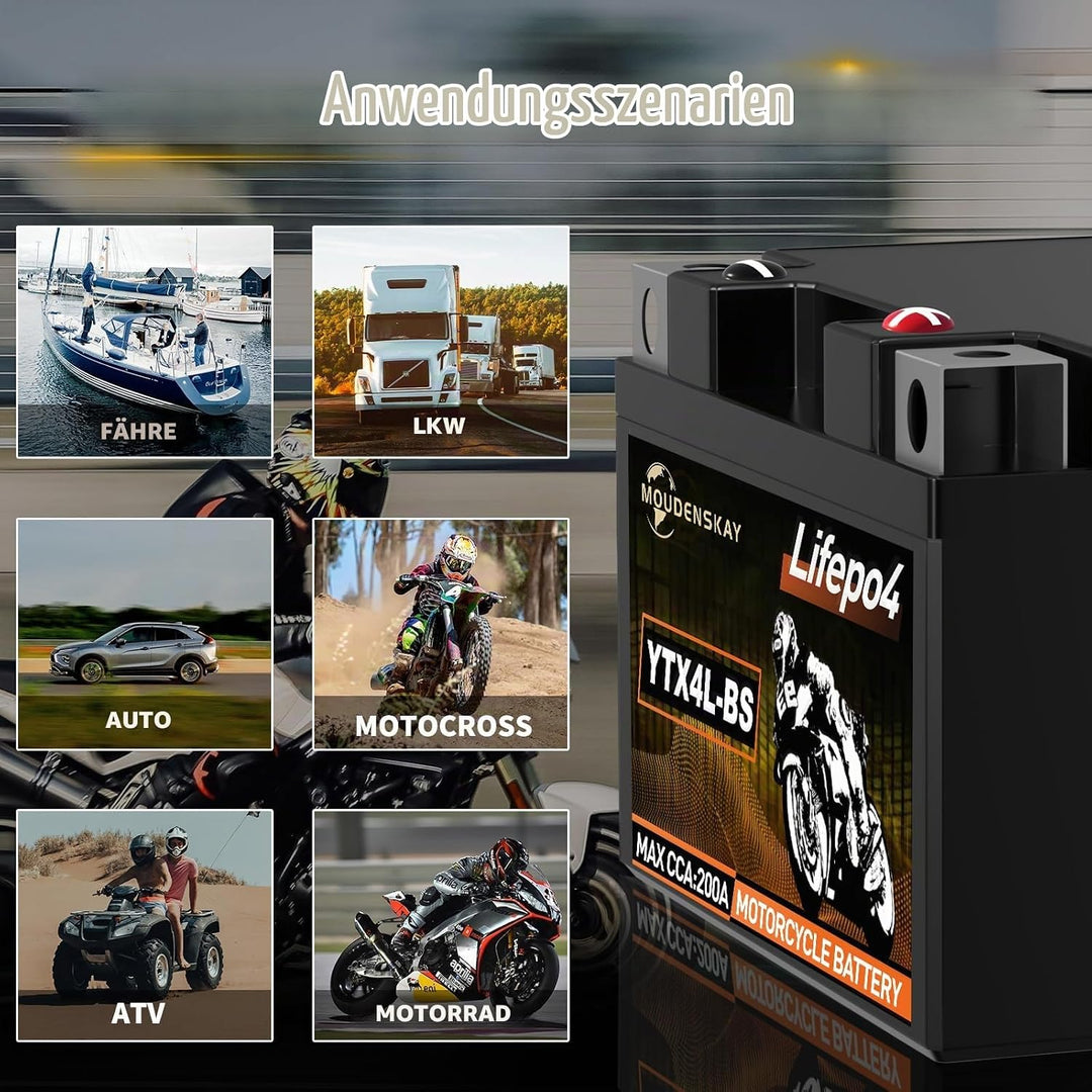 MOUDENSKAY Lithium Motorrad Batterie 12V Lithium Powersports Batterie mit BMS (YTX4L-BS 12.8V 2Ah 20
