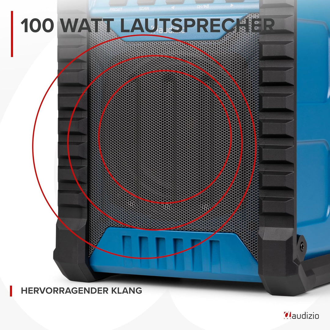Audizio Jobsite - Baustellenradio DAB Plus Radio mit Bluetooth 5.0, Akku 8h, 100 Watt Leistung, IP54