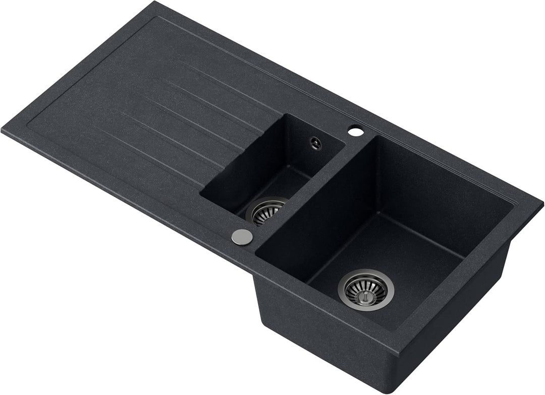 VBChome Spülbecken mit Armatur 100 x 50 cm Einzelbecken Schwarz Granit Rechteckig Reversibel Einbaus