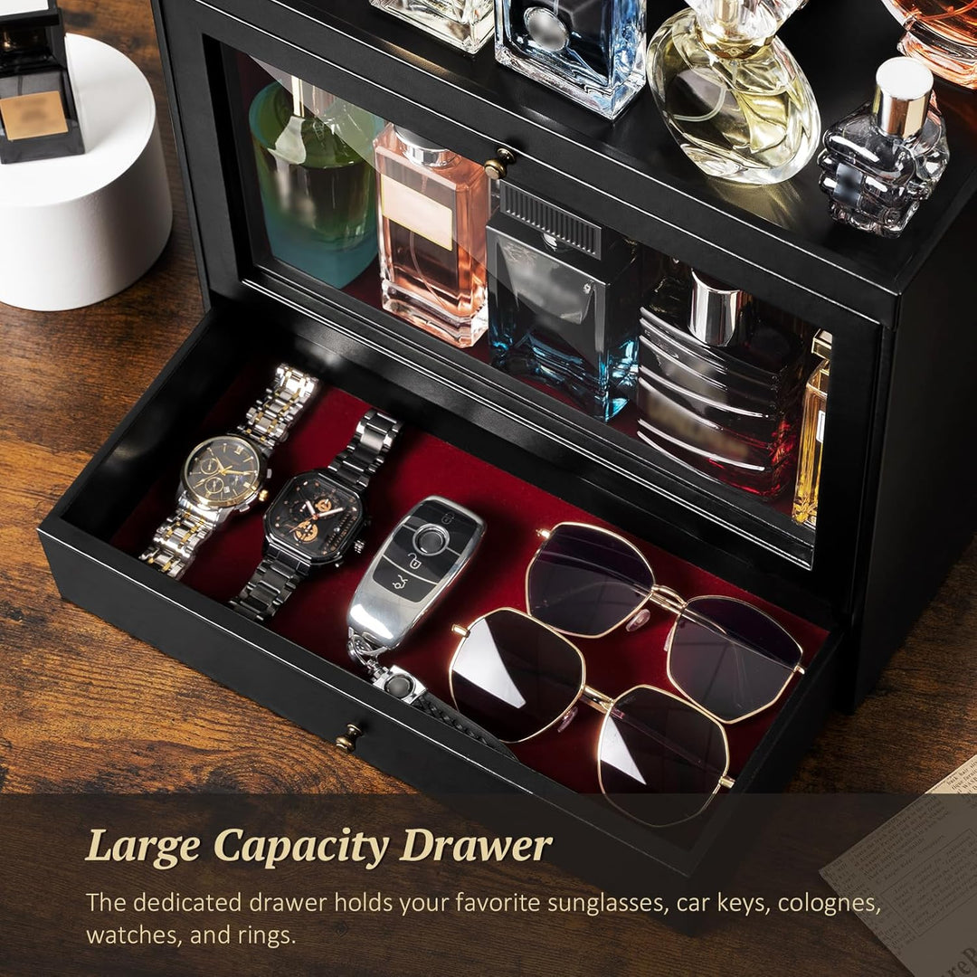 Parfüm Organizer, Leder Herren Parfüm Ständer mit Schublade, Parfüm Regal mit Transparent Sichtbarer