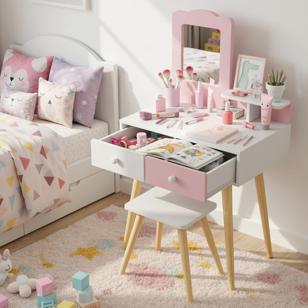 Clevich 2 in 1 Schminktisch Kinder Set, Prinzessin Frisiertisch mit Abnehmbarem Spiegel, 2 Schublade