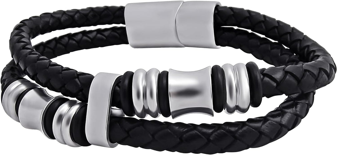 Hanessa 18 cm Echt-Leder Herren Armband Schwarz/Silber vers. Grössen Edelstahl Geschenk zu Weihnacht