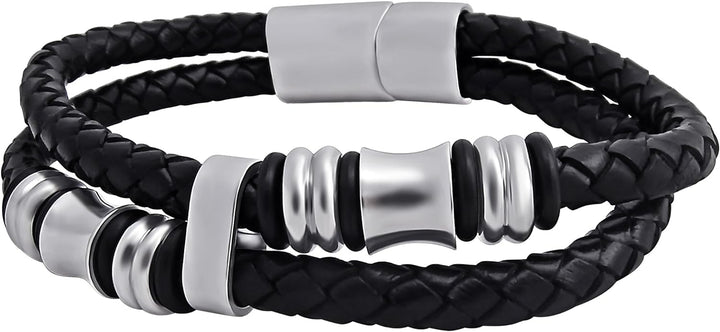 Hanessa 18 cm Echt-Leder Herren Armband Schwarz/Silber vers. Grössen Edelstahl Geschenk zu Weihnacht