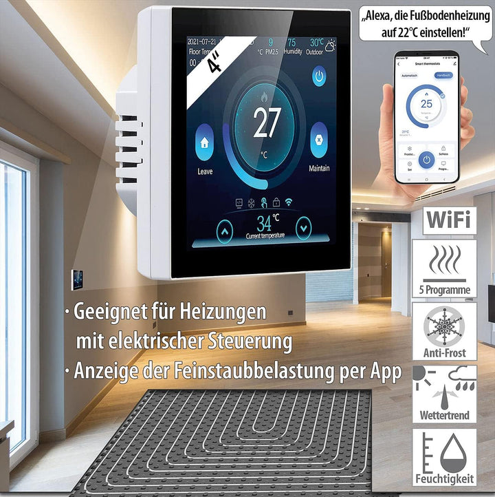 revolt Thermostat Fussboden: WLAN-Fussbodenheizung-Thermostat mit Touchdisplay, Feinstaub-Anzeige (F