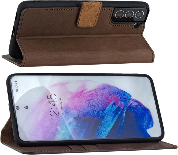 Suncase Book-Style Hülle kompatibel mit Samsung Galaxy S23 5G Leder Tasche (Slim-Fit) Lederhülle Han
