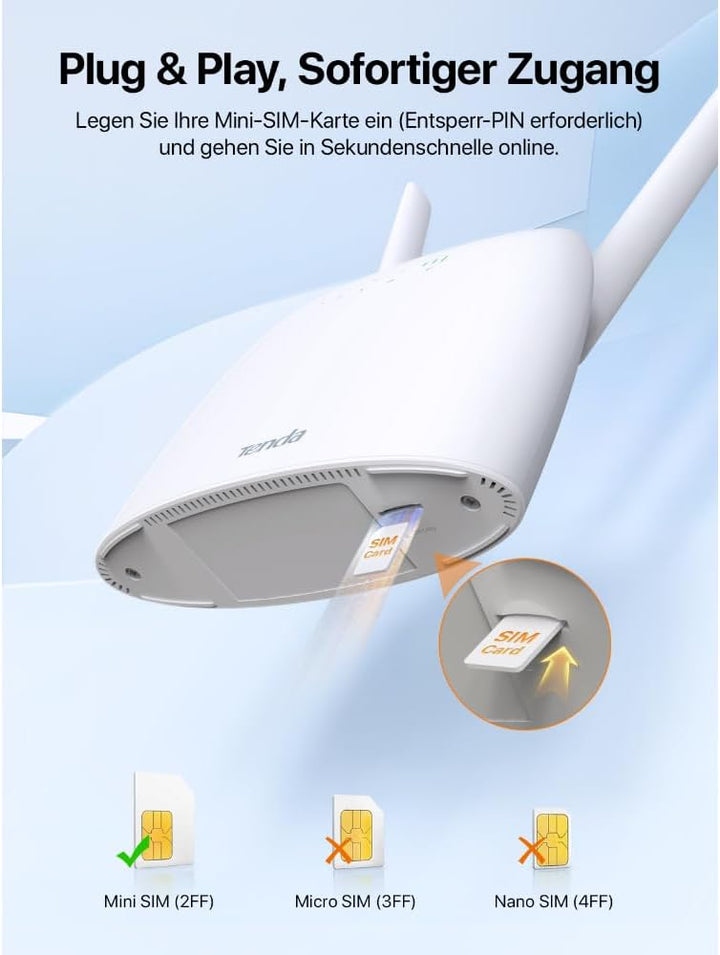 Tenda 4G07 4G LTE WLAN Router für SIM-Karten (CAT4, AC1200 Dualband 2,4GHz: 300Mbit/s + 5GHz: 867Mbi