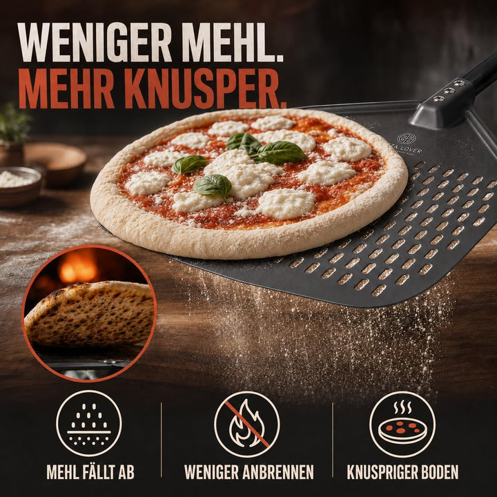 Pizza Lover® hochwertiger Pizzaschieber perforiert 30 x 30 cm Pizzaschaufel aus harteloxiertem Alumi