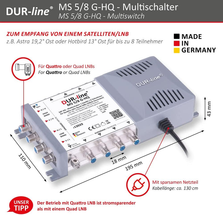 DUR-line MS 5/8 G-HQ - Multischalter - Made in Germany - SAT Multischalter für 8 Teilnehmer/TV - str