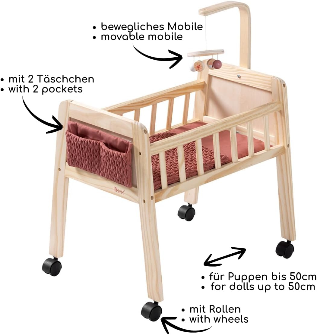 howa Puppenbett Holz Grace mit Rollen, Mobile, Matratze, Decke & Stofftasche, Puppenmöbel für Puppen