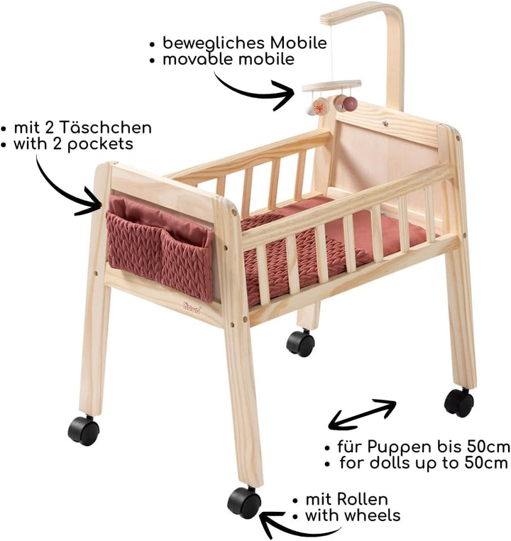 howa Puppenbett Holz Grace mit Rollen, Mobile, Matratze, Decke & Stofftasche, Puppenmöbel für Puppen
