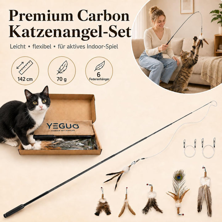 YEGUO Katzenangel stabil & lang (142cm) - Interaktives Katzenspielzeug Angel Set aus Carbon mit 6 Na