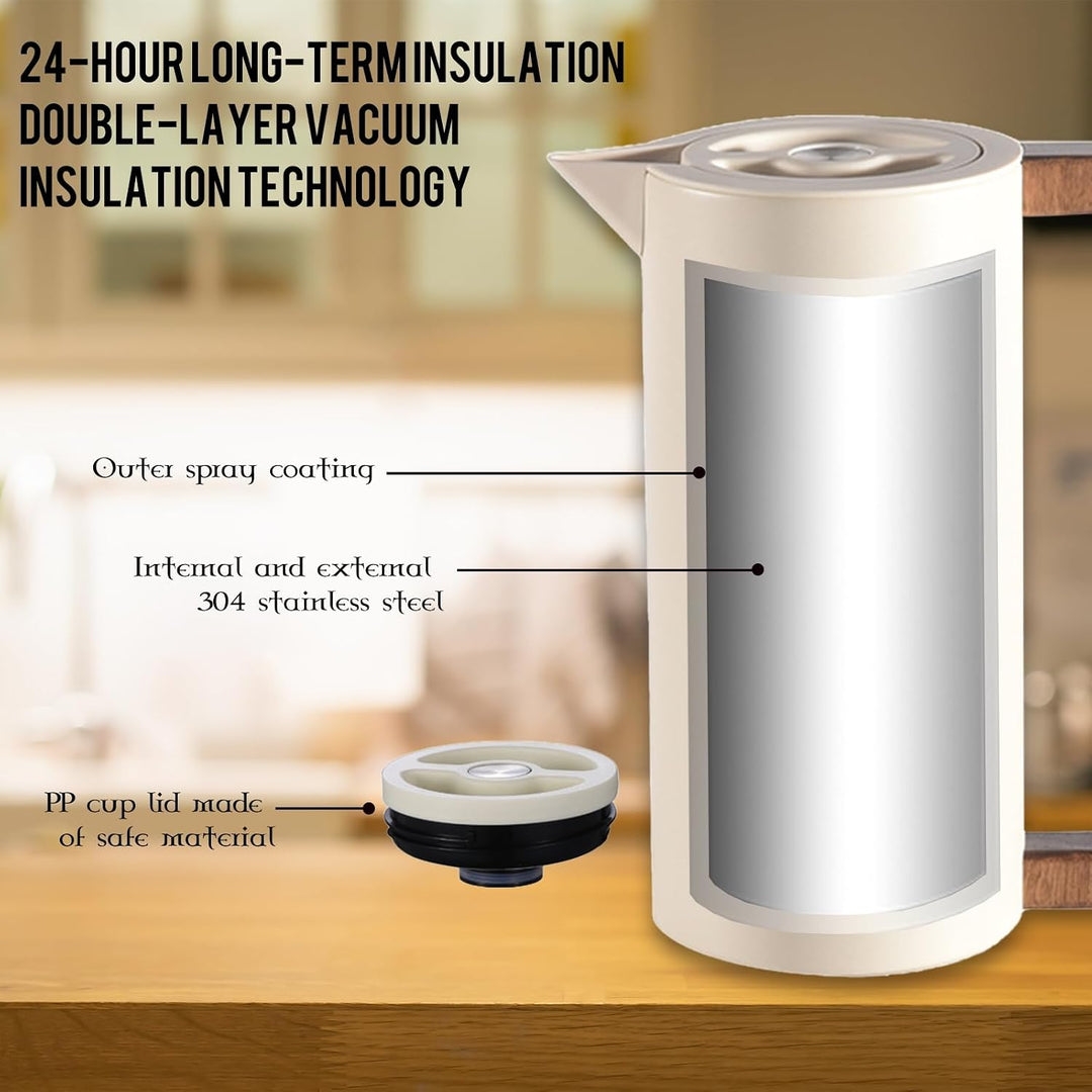 Thermoskanne Kaffeekannen Edelstahl Vakuum Isolations, Mit Holzgriff Und Einfachem Sicherheitsdruckk