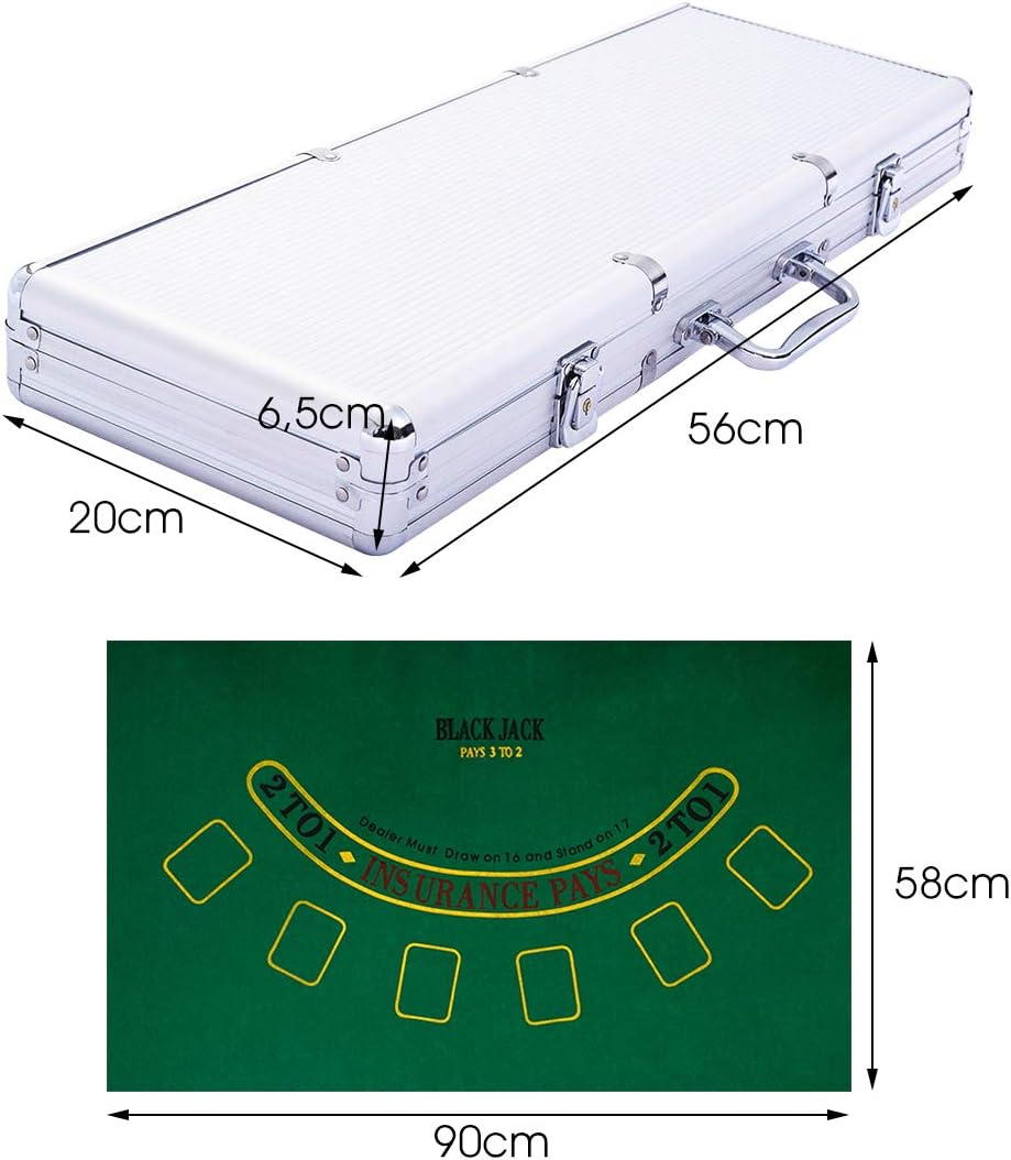 DREAMADE Ultimate Pokerset mit 500 Chips/ 2 Poker Set/ 5 Würfel/Koffer/Spieltuch/ 5 Dealer Buttons,