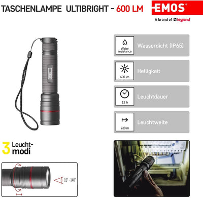 EMOS aufladbare Metall-Taschenlampe mit Fokus, superhelle 600 lm CREE-LED taktische Handlampe mit 23