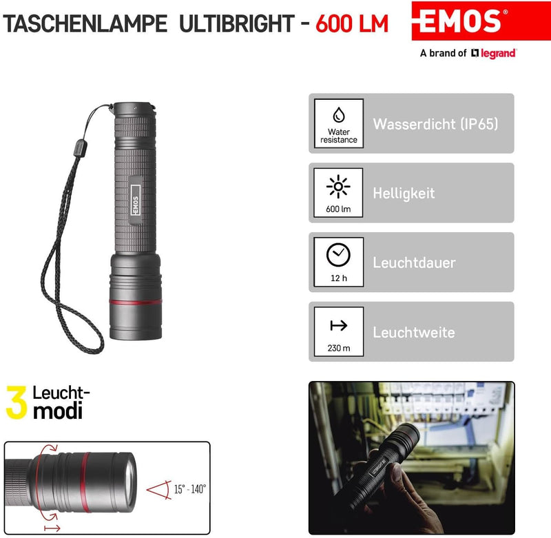 EMOS aufladbare Metall-Taschenlampe mit Fokus, superhelle 600 lm CREE-LED taktische Handlampe mit 23