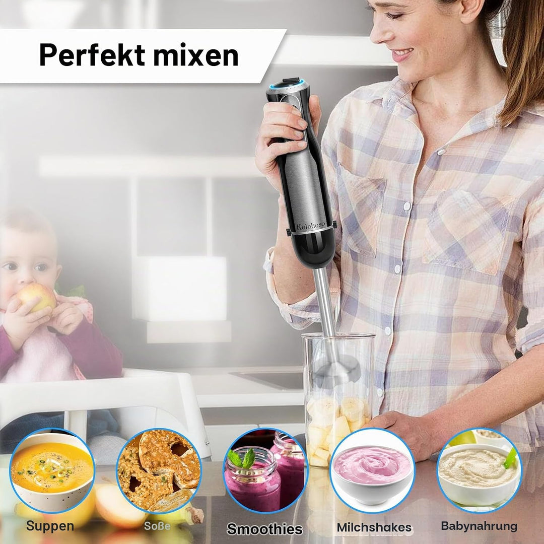 1000W Stabmixer, Pürierstab mit 20 einstellbaren Geschwindigkeiten und Turbo-Modi, Stabmixer Set mit