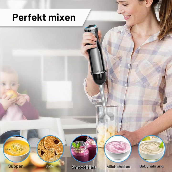 1000W Stabmixer, Pürierstab mit 20 einstellbaren Geschwindigkeiten und Turbo-Modi, Stabmixer Set mit