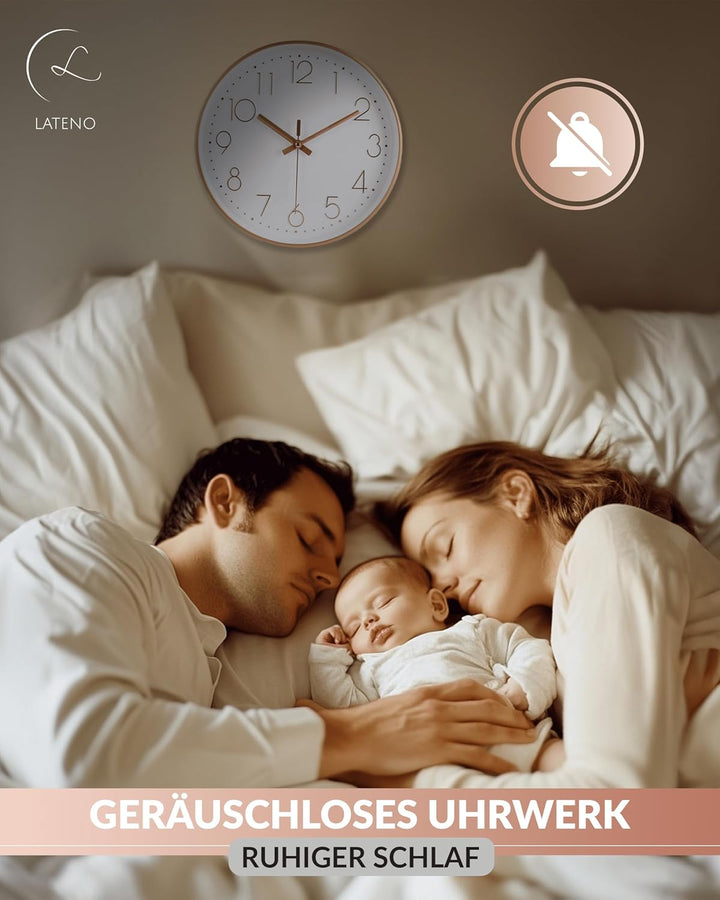 LATENO - Wanduhr zum aufstellen oder aufhängen - Rosegold weiss 30 cm - lautlos - klassisch und mode