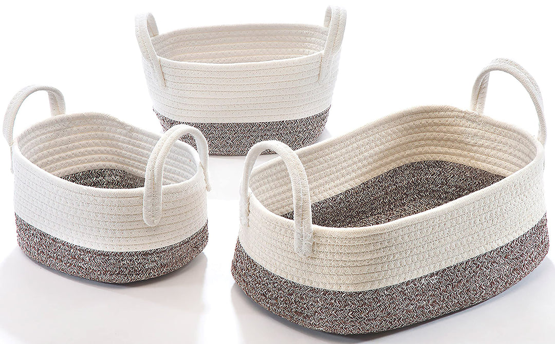 Kobolo Baumwollkorb Aufbewahrungskorb Baumwolle oval weiss beige mit Griffen 3 Grössen
