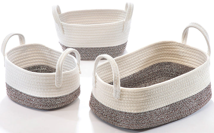 Kobolo Baumwollkorb Aufbewahrungskorb Baumwolle oval weiss beige mit Griffen 3 Grössen
