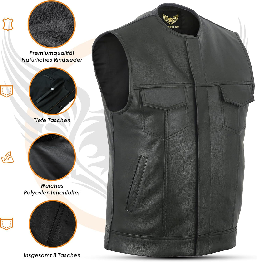 Leatherick Herren Sons of Anarchy Collarless Echtes Echtes Leder Biker Weste Schwarz 58 Schwarz, 58