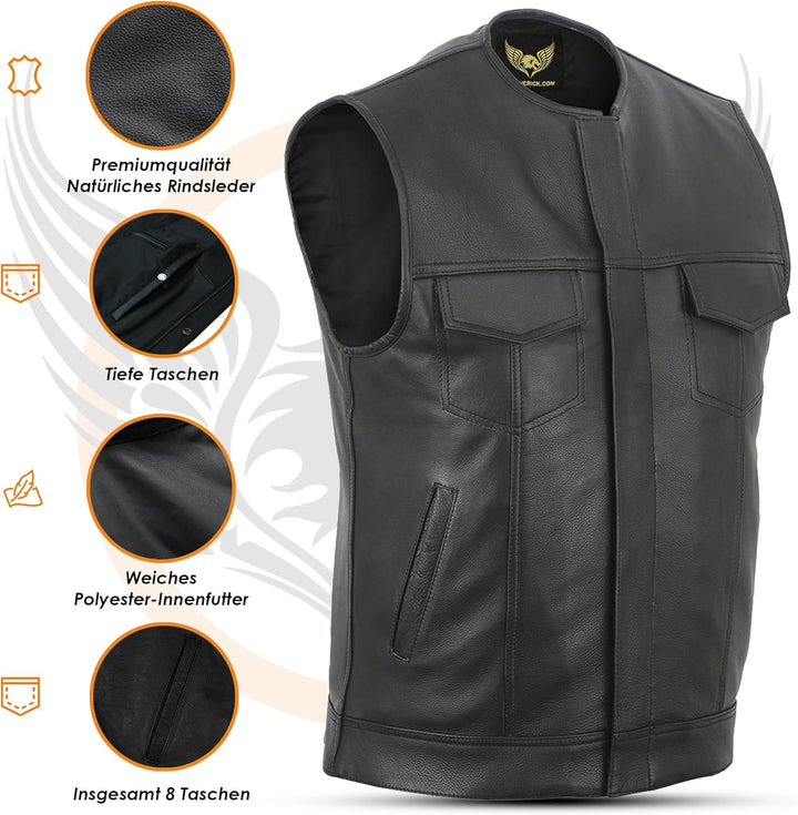 Leatherick Herren Sons of Anarchy Collarless Echtes Echtes Leder Biker Weste Schwarz 58 Schwarz, 58