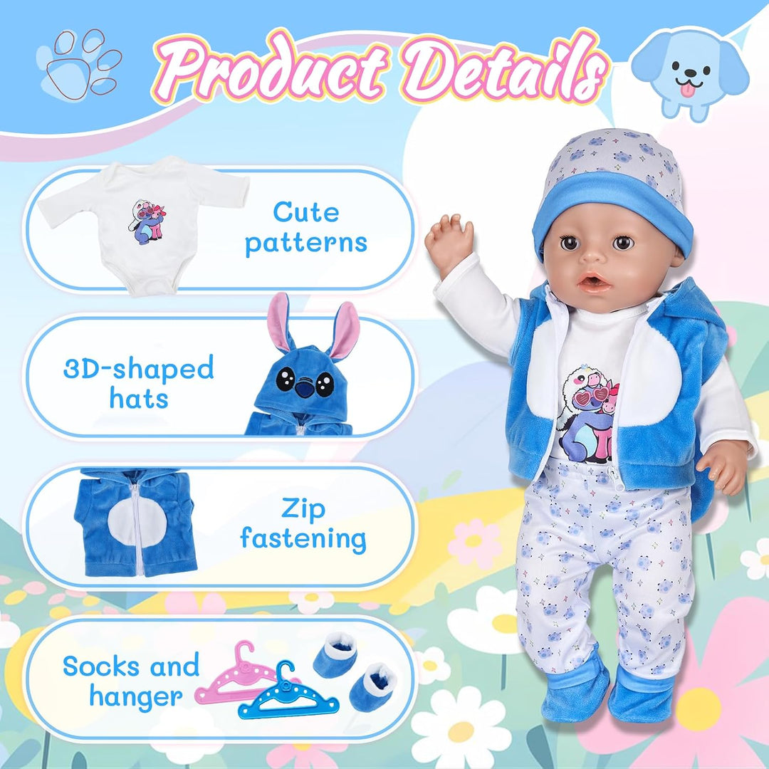 7 Stück Puppenkleidung, Blaue Kleidung Outfit für 35-43 cm Baby Puppen mit Jacke, Oberteil, Hose, Mü