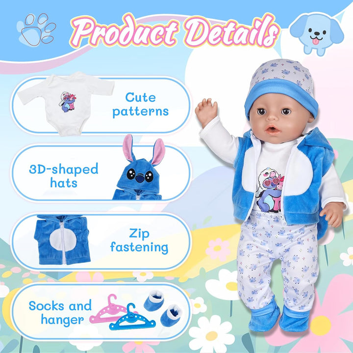 7 Stück Puppenkleidung, Blaue Kleidung Outfit für 35-43 cm Baby Puppen mit Jacke, Oberteil, Hose, Mü