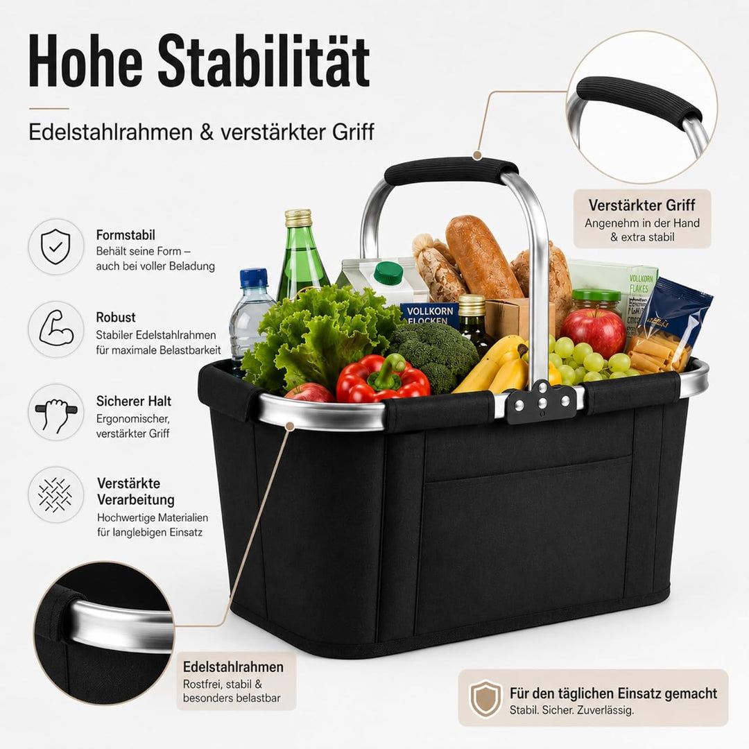 Einkaufskorb Faltbar 30L XXL, Platzsparender Klappkorb mit Edelstahlrahmen & 300D Oxford, Ideal für