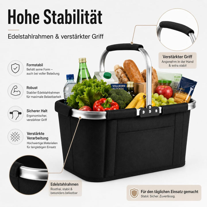 Einkaufskorb Faltbar 30L XXL, Platzsparender Klappkorb mit Edelstahlrahmen & 300D Oxford, Ideal für