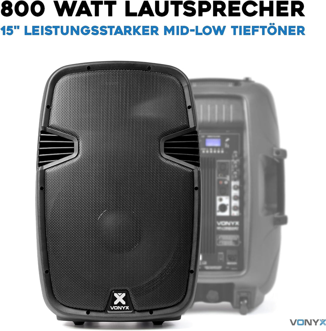 Vonyx SPJ-1500ABT MP3, PA Aktiv Lautsprecher, DJ Box, 800 Watt 15 Zoll High End Aktivpeaker, MP3-Pla