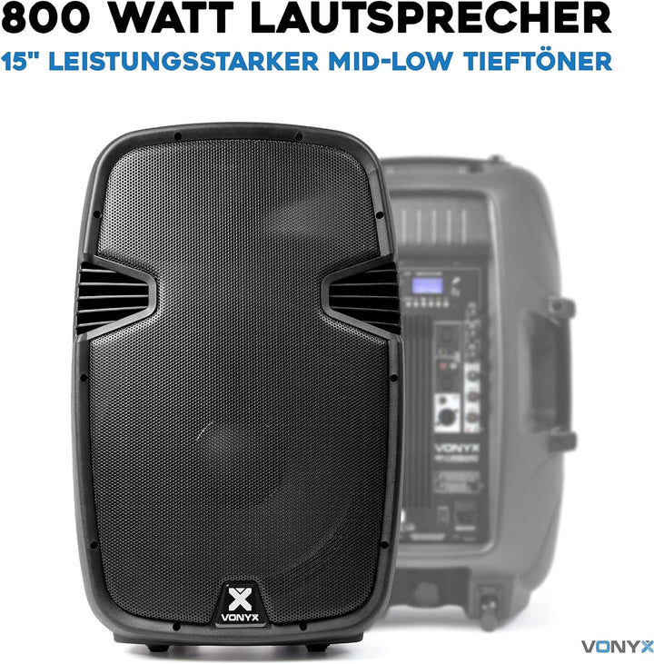 Vonyx SPJ-1500ABT MP3, PA Aktiv Lautsprecher, DJ Box, 800 Watt 15 Zoll High End Aktivpeaker, MP3-Pla
