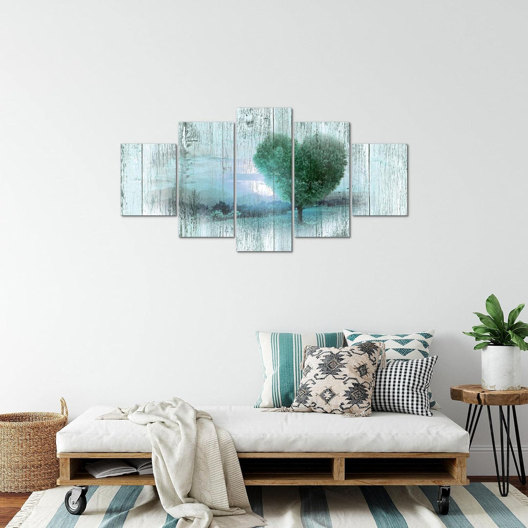 Runa Art Bild Wohnzimmer Schlafzimmer Herbst Vintage 5 Teilig Baum Herz Türkis Wandbilder auf Vlies