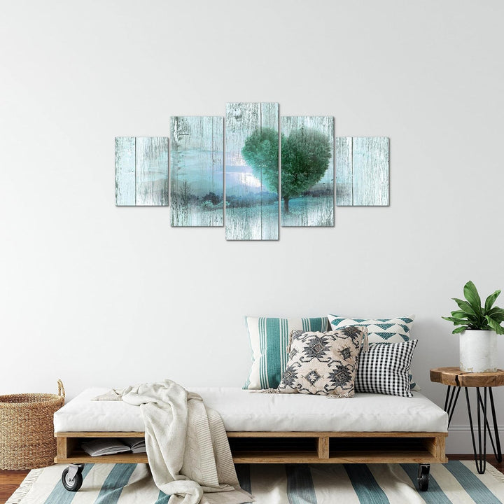 Runa Art Bild Wohnzimmer Schlafzimmer Herbst Vintage 5 Teilig Baum Herz Türkis Wandbilder auf Vlies