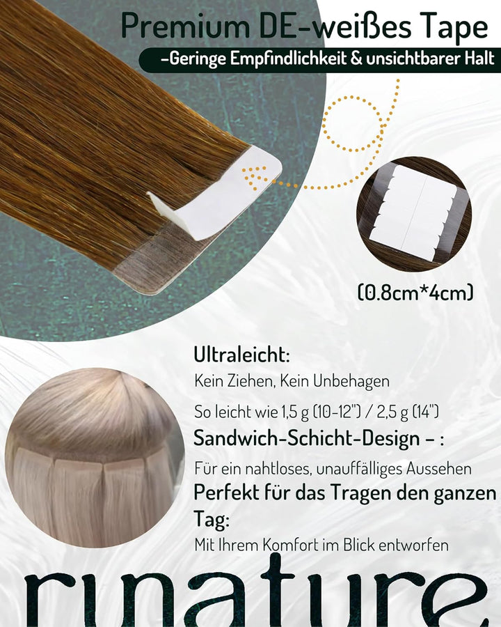 RUNATURE Tape in Extensions Echthaar 40cm Braun Remy Echthaar Extensions Tape Unsichtbare Haarverlän