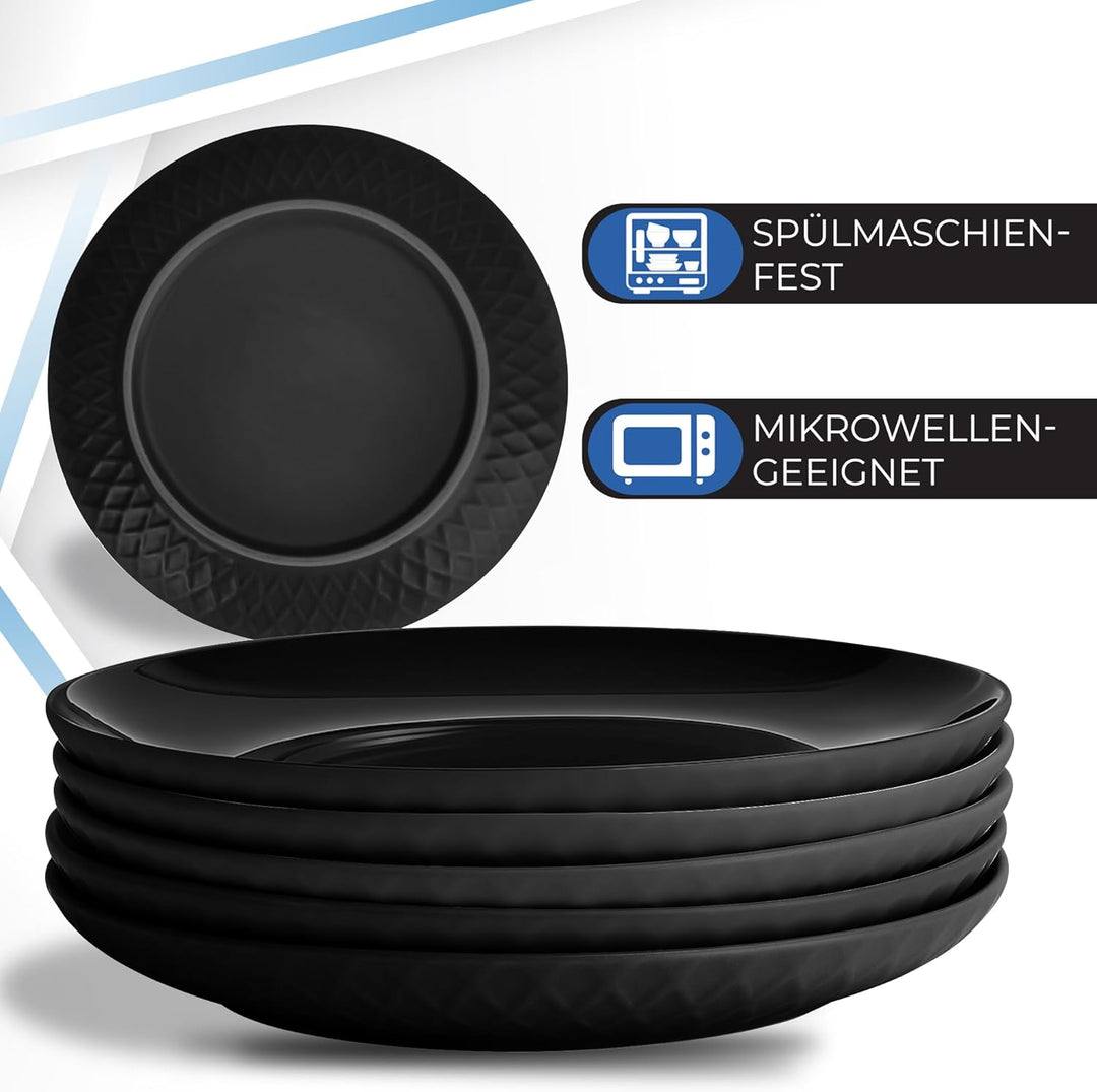 MIAMIO - 6er Geschirrset/Teller Set modern aus Keramik für 6 Personen - Palmanova Kollektion (Schwar