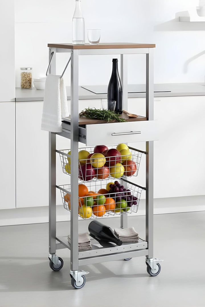 DON HIERRO -Küchenwagen ONDA Alto – Metall-Beistellmöbel in Aluminiumoptik mit 2 Körben, Schublade u
