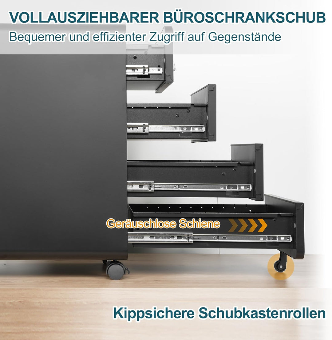 LVSTEEL Rollcontainer mit 4 Schubladen, Aktenschrank, Abgerundetes Eckendesign, Abschliessbar, 4 Sch