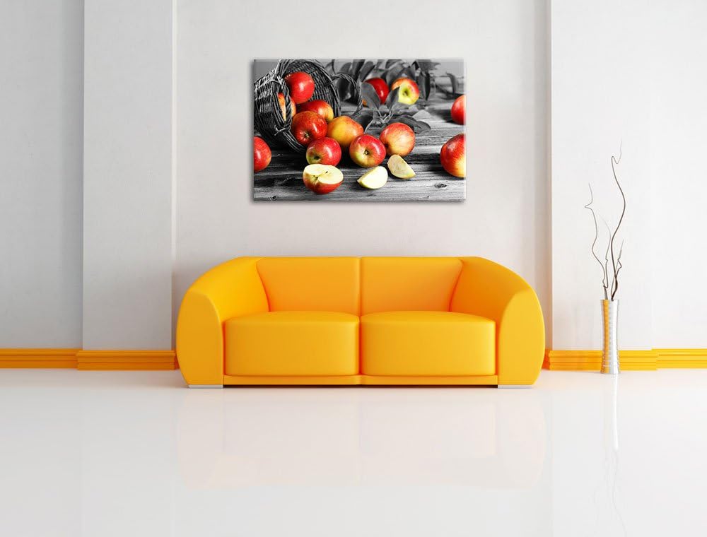 Umgefallener Apfelkorb mit roten Äpfeln schwarz/weiss Format: 100x70 auf Leinwand, XXL riesige Bilde