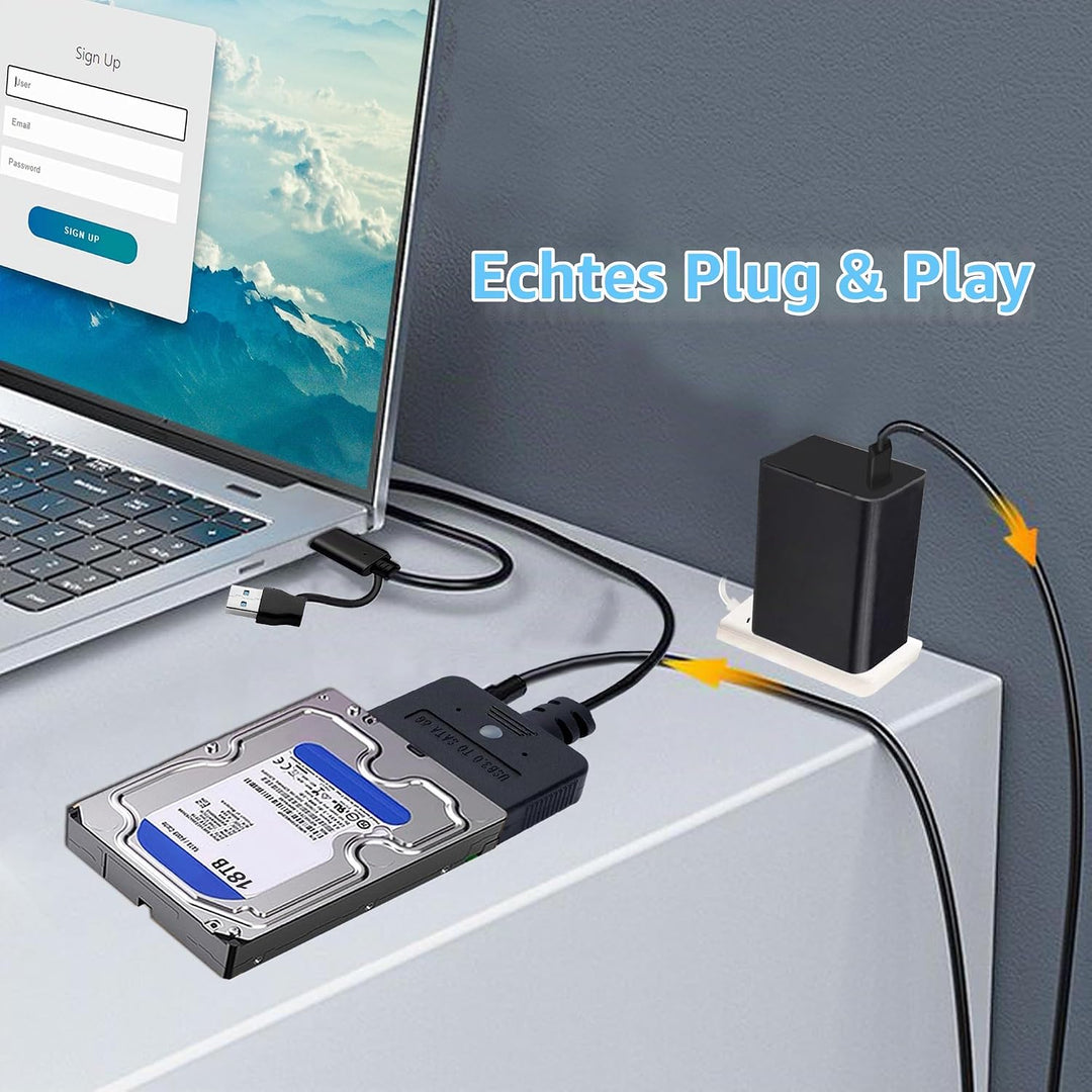 SATA USB Adapter mit 30-W Netzteil, 2-in-1 USB C/USB 3.0 auf SATA Festplatten Adapter für 2,5 3,5 Zo