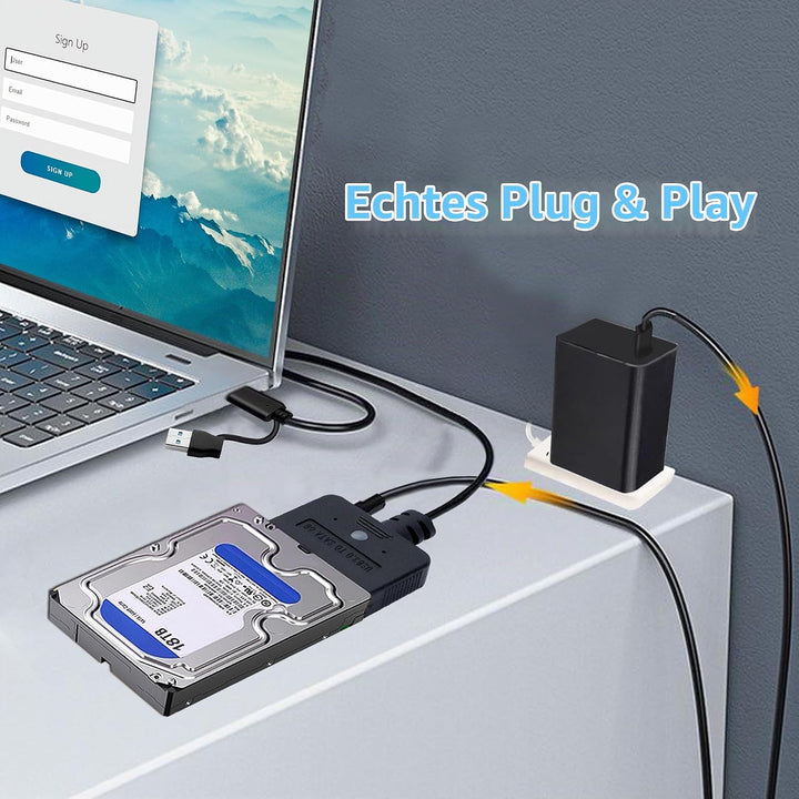 SATA USB Adapter mit 30-W Netzteil, 2-in-1 USB C/USB 3.0 auf SATA Festplatten Adapter für 2,5 3,5 Zo