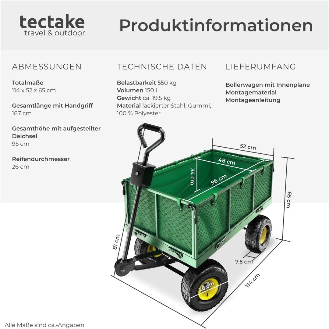 tectake® Bollerwagen mit Seitenwand klappbar, belastbar bis 550 kg Transportkarre Handwagen Transpor