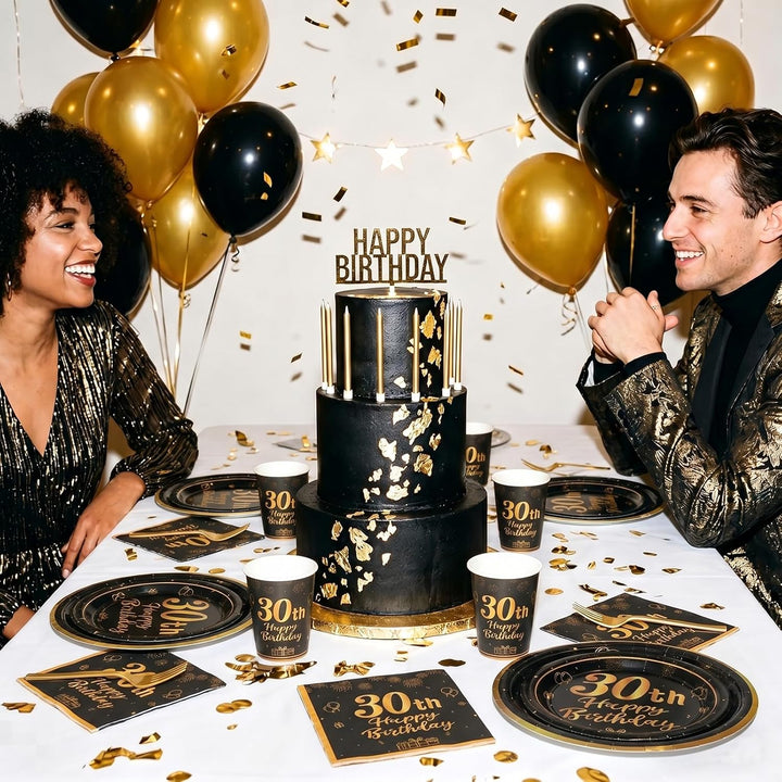 96 Stück Schwarz und Gold Geburtstag Party Geschirr Set, 30th Schwarz und Gold Geburtstag Party Gesc
