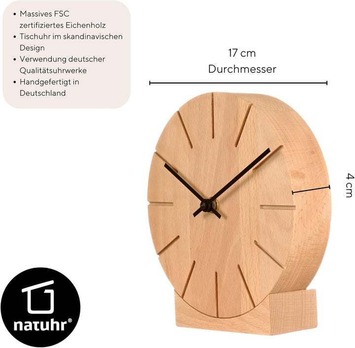 Natuhr Funkuhr Wanduhr Tischuhr Buche Holz - Boom - geräuscharm Massivholz Design ø17 cm (Buche geöl