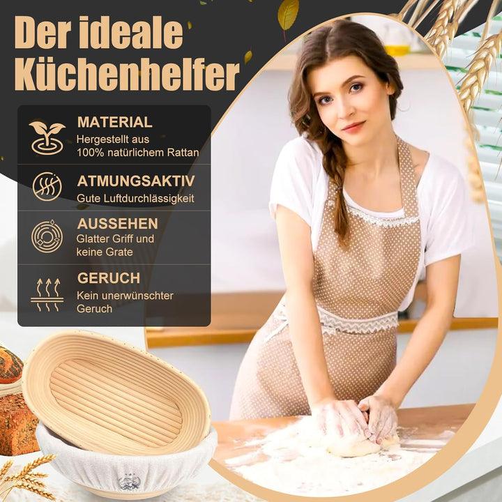 Gärkörb Set, Walfos® Gärkörbchen Set 2 (23cm Rundes & 25cm Oval), 100% Natürlichem Rattan - mit Bäck