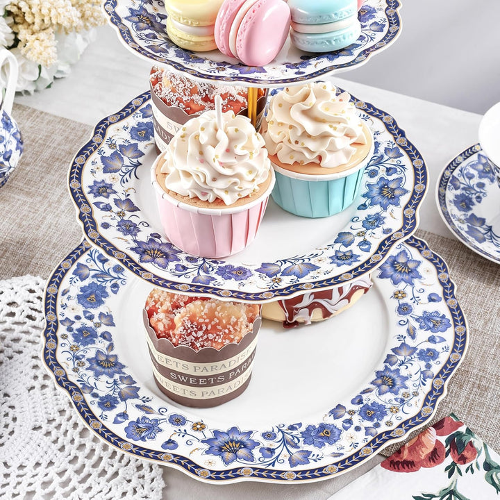 fanquare 3-Stufig Etagère Porzellan Cupcake Ständer mit Metallstreben,Blau Blumen Vintage Tortenstän