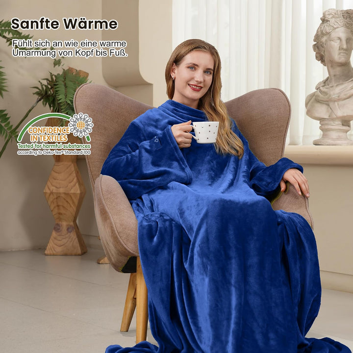 Winthome Decke mit Ärmeln, Kuscheldecke Weich Warm Flauschig, Tragbare Decke mit Klettverschluss und