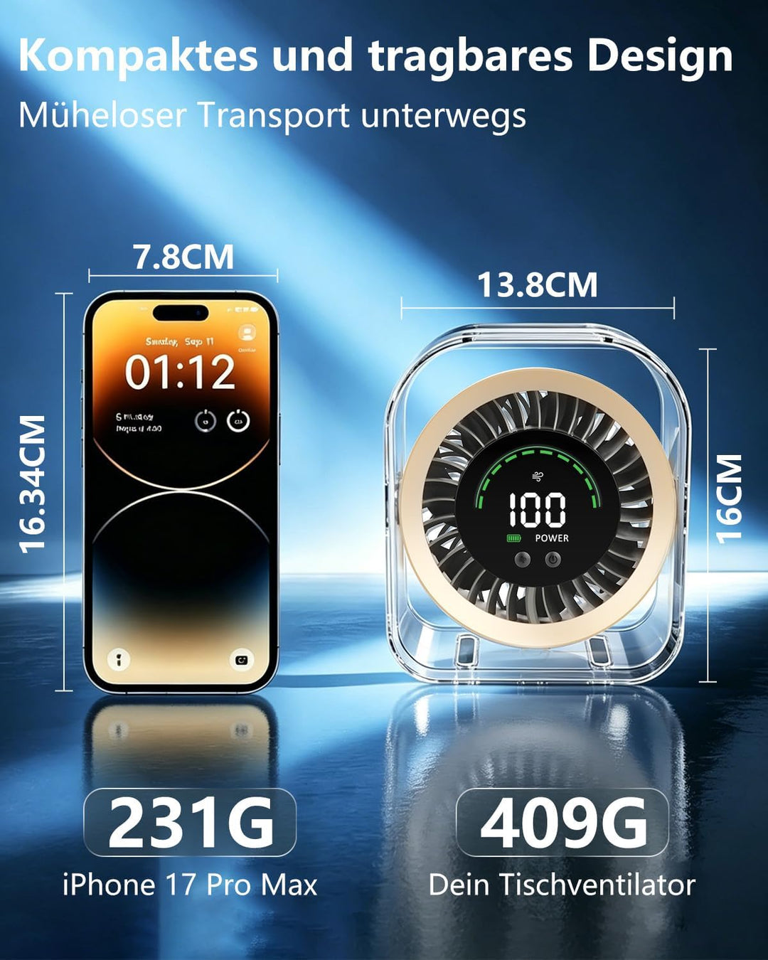 Mini Tischventilator Sehr Leise(20 dB),4000mAh Akku (15 Stunden) USB-C, LED-Anzeige, 2-in-1-Halterun