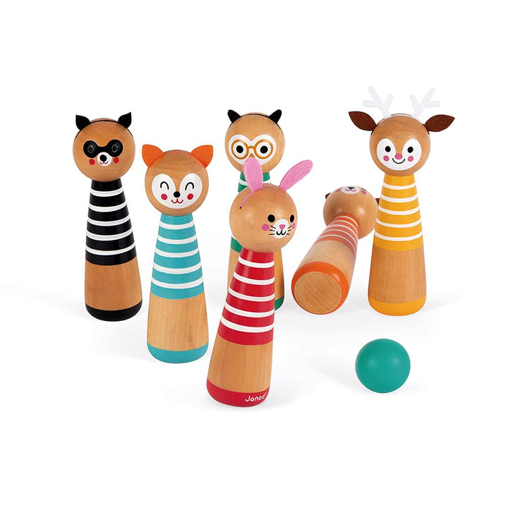 Janod - My First Happy Garden Kegelspiel, Kinderspiel für draussen, 6 Kegel und 2 Holzkugeln, ab 3 J